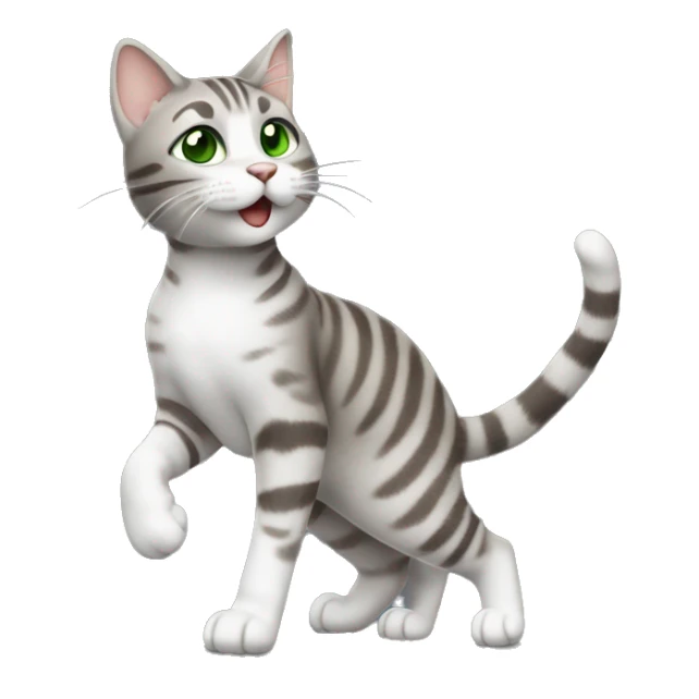 Light grey brown tabby cat dancing standing with green eyes  sticker