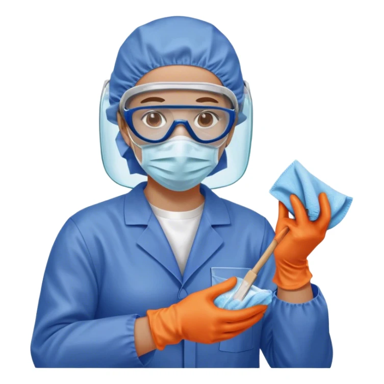 A meticulous cleanroom worker dressed in full protective gear, including a blue sterile suit, a face mask,  and orange gloves.  cleaning glasses with a wipe in one Hand sticker