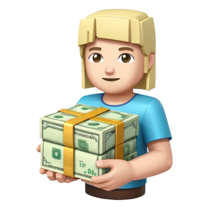 emoji style icon, minecraft blocky character holding a stack of money, pixel art style, bright colors, simple background, 3D glossy emoji, centered composition, soft shadow, high detail, clean outline, white background sticker