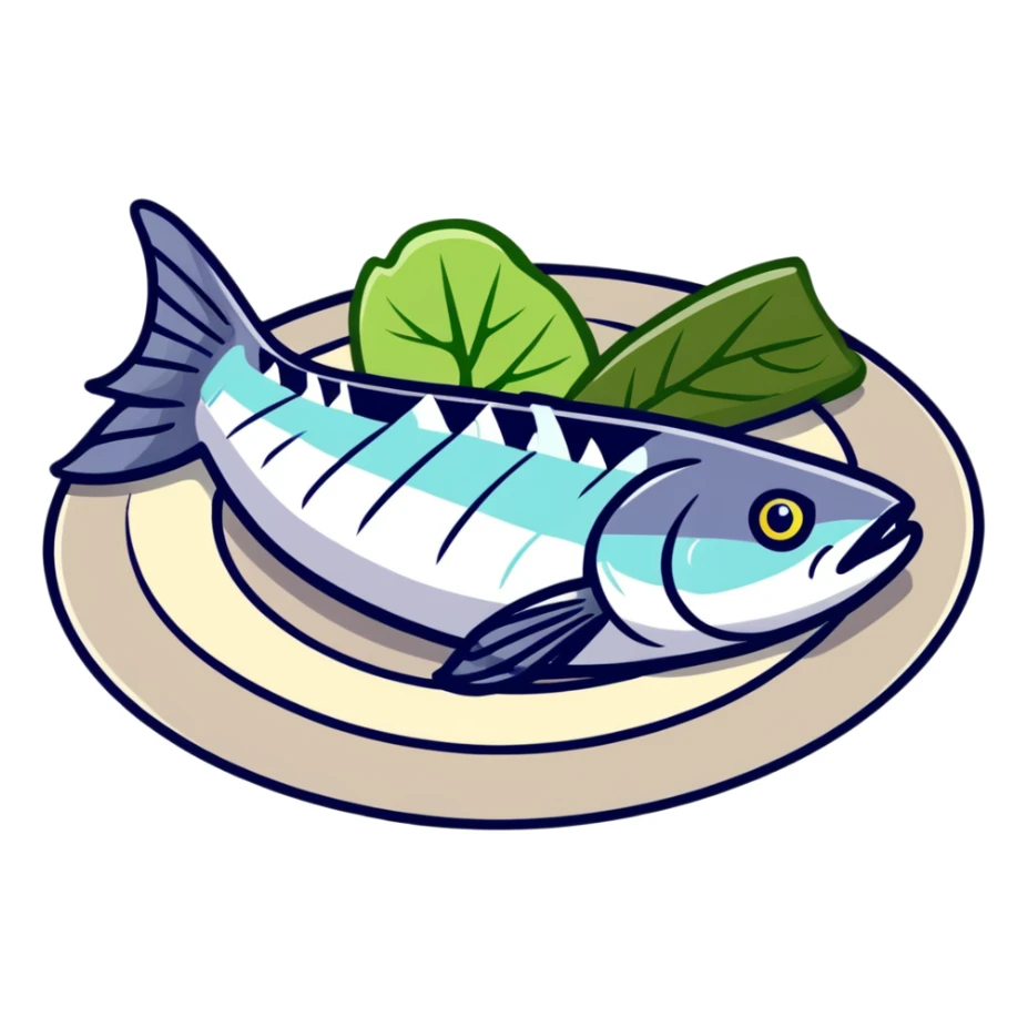 mackerel sashimi with thinly sliced silver-skinned fish, wasabi and shiso leaf sticker