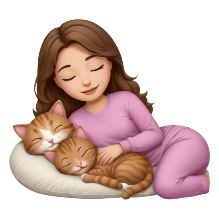 girl with wavy long brown hair, brown eyes, light to medium complexion, long lashes, light pink lipstick, smiling, wearing light pink shirt, sleeping on a cozy pillow, with brown tabby cat, sleeping sticker