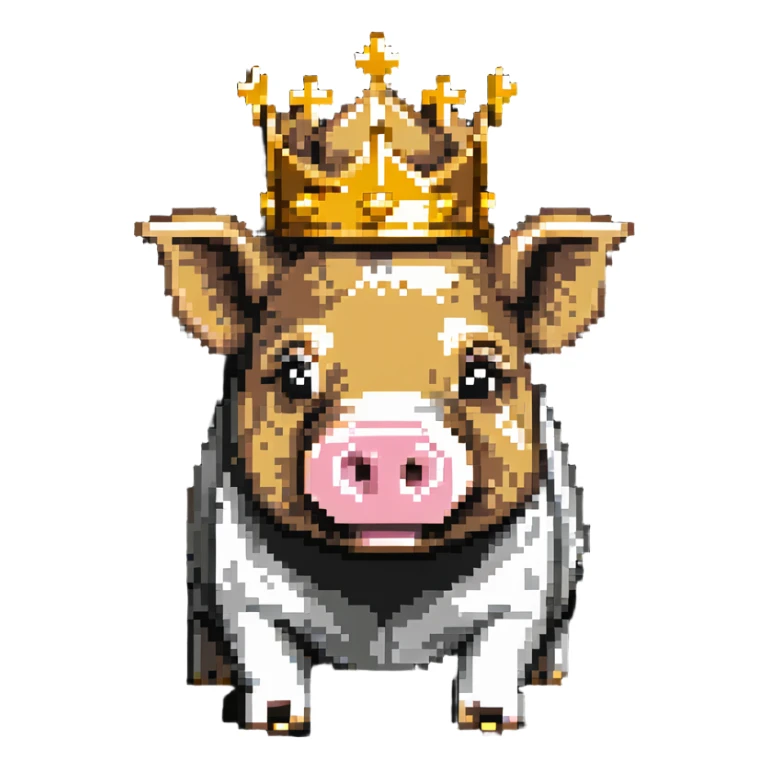 cute pig with a golden crown, inspired by Technoblade, styled like LEGO Duplo with visible block elements and studs, chunky, colorful, simple, playful sticker