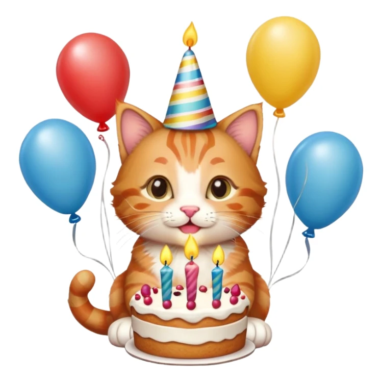 Ginger tabby kitten celebrates birthday, birthday hat, birthday cake, one candle, balloons, happy, gifts sticker