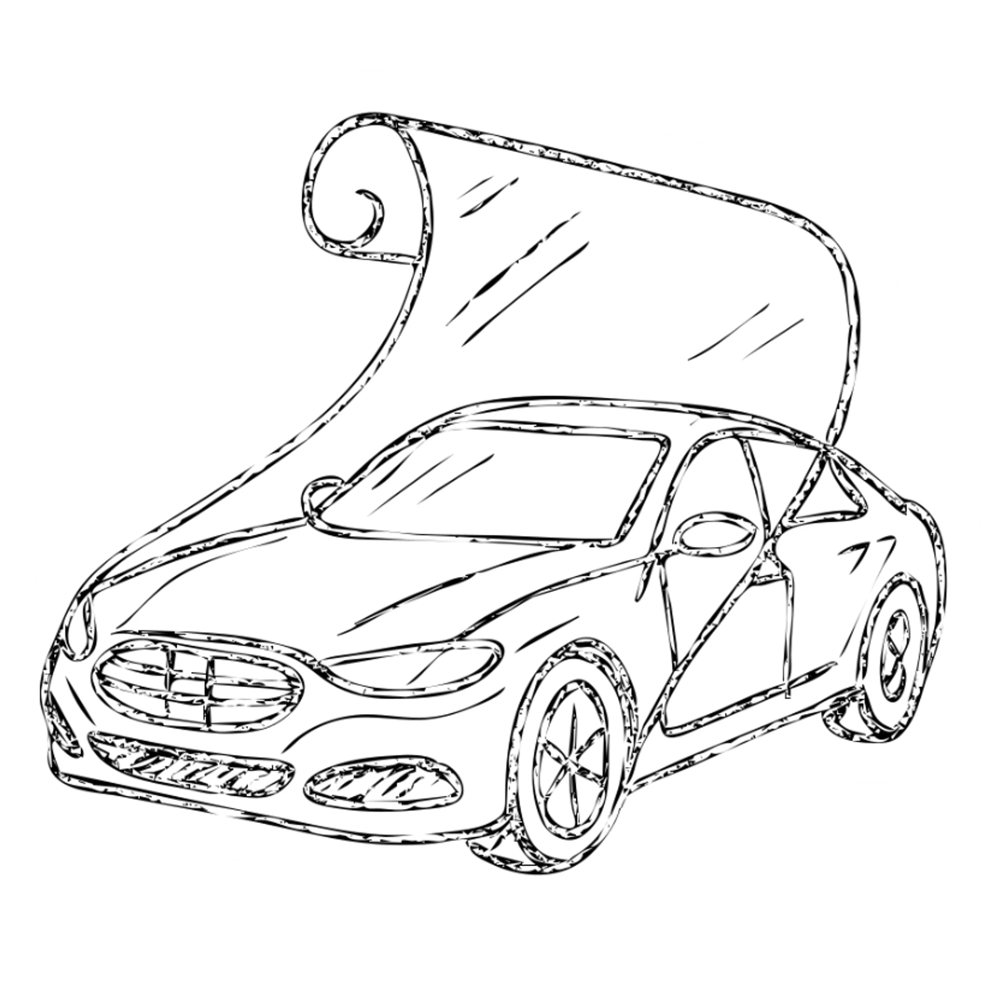 hand-drawn outlined icon of a high-end glossy black car, partially covered by a transparent rolled film, curved effect for adhesion, clean and modern sticker