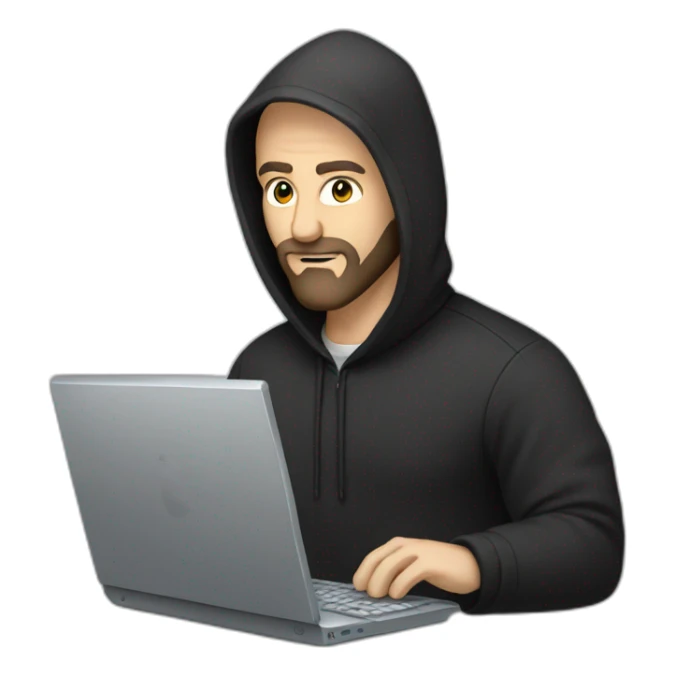 bald white man with a black beard typing on apple computer wearing a black hoodie sticker