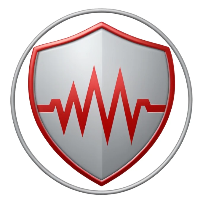 Minimalist medical technology logo. White background. A clean circular shield shape in light gray. Inside the shield — a sharp red signal line forming abstract letters “AI”, resembling a medical alert waveform but not a classic ECG.  sticker