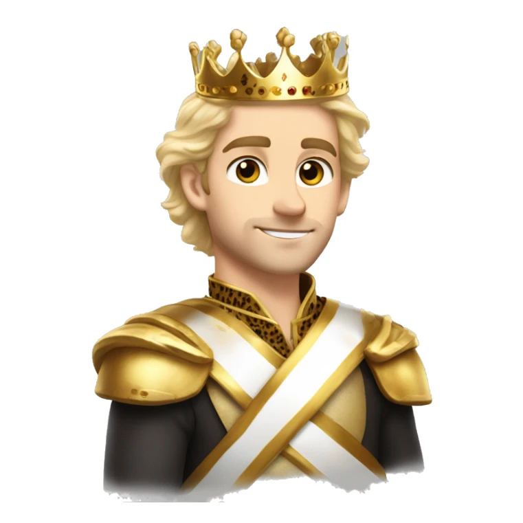 1 young handsome white king with flowing dirty blonde hair, hazel eyes, stubble, a gold crown with a cheetah print sash sticker
