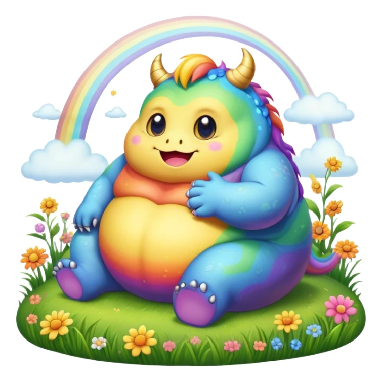 Kawaii derpy fat rainbow monster sitting in a magic field, rich textures, visually detailed, so lifelike that it feels like it could leap off the page at any moment sticker