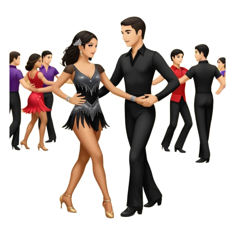 Photorealistic dancesport professional latin couple dancing the samba at the competition dancefloor, the women is in skinny short sparkly dress, the man is in black shirt and black classic pants, the women has brown long hair, the man has short black hair, the man hold woman's hand  sticker