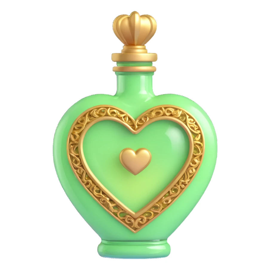 luxurious heart-shaped bottle with golden details, main color light #c0ff53 green, lots of shine, ornaments, magical elixir style, 3D effect sticker