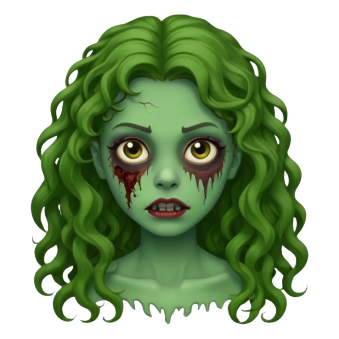 faça uma garota zombie, com a pele verde, cabelo castanho cacheado abaixo do ombro linda sticker
