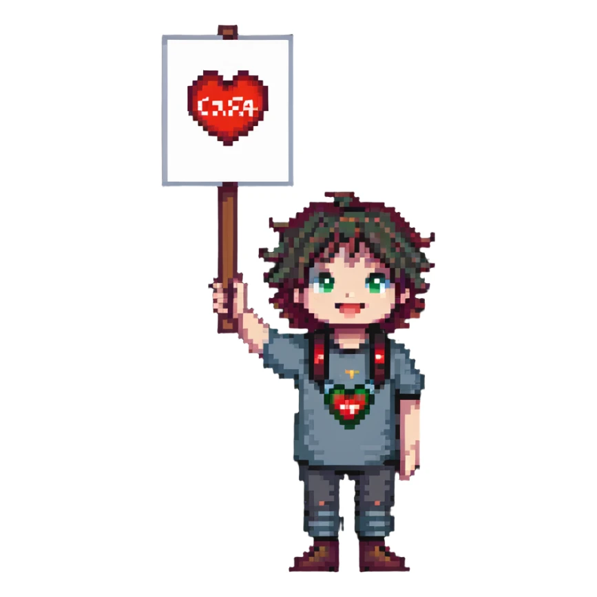 fan boy holding a sign with "Саша♥️" above his head sticker