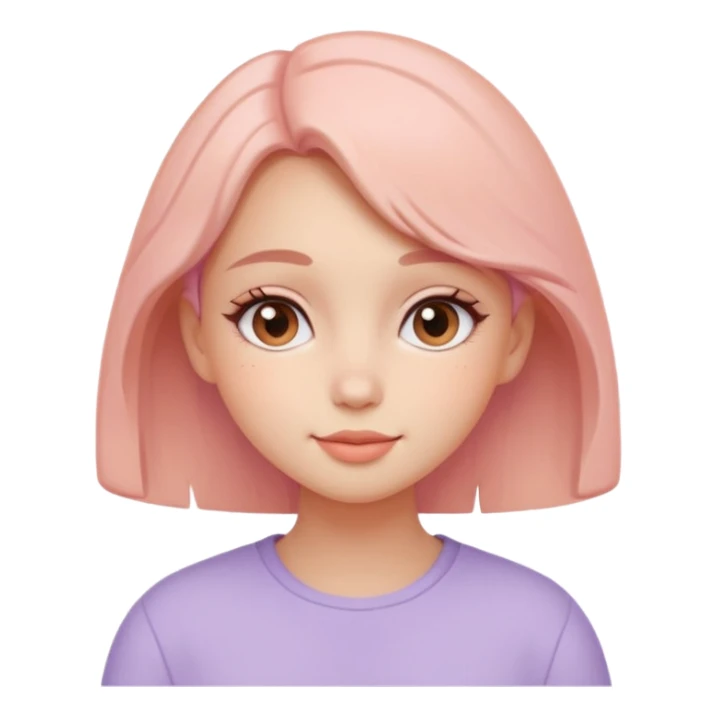 Create a cohesive set of 8 emoji-style icons that represent a kind-hearted, very lovable girl (head-and-shoulders). Requirements: soft, rounded shapes and friendly proportions; warm pastel color palette (peach skin undertone options, blush pink, warm lavender accents);  sticker