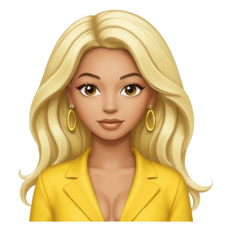 Beyonce with long platinum blonde hair, yellow outfit and earring sticker