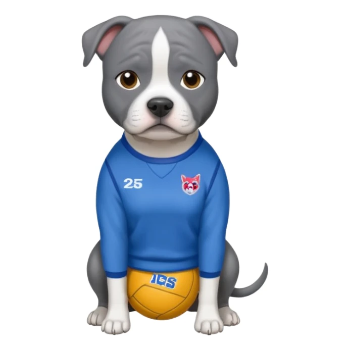 Blue English staffy wearing a netball fever team jumper sticker
