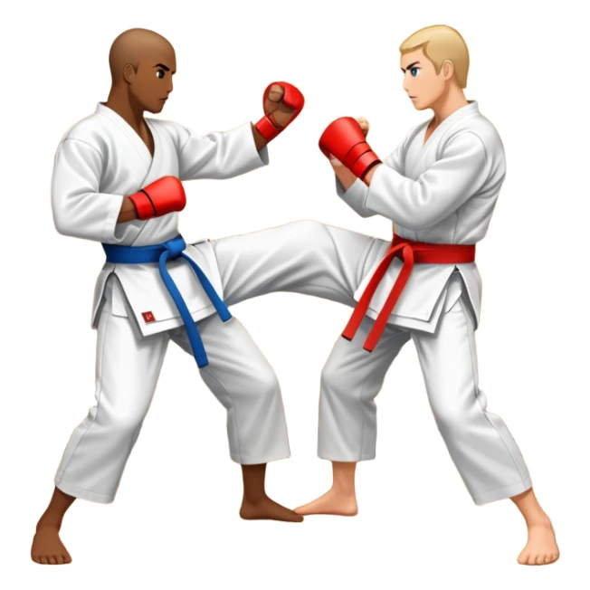 An icon symbolizing traditional Karate, showing two opponents engaged in a sparring match. One is about to deliver a powerful punch, while the other is in a defensive stance. The background includes elements like a dojo and wooden floor. Transparent background sticker