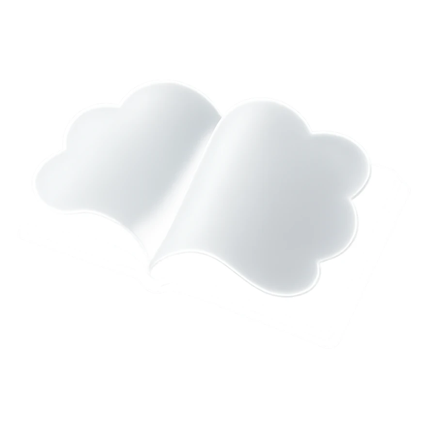 open book top view, each page is a convex cloud, very bright white, matte glass style, no background sticker