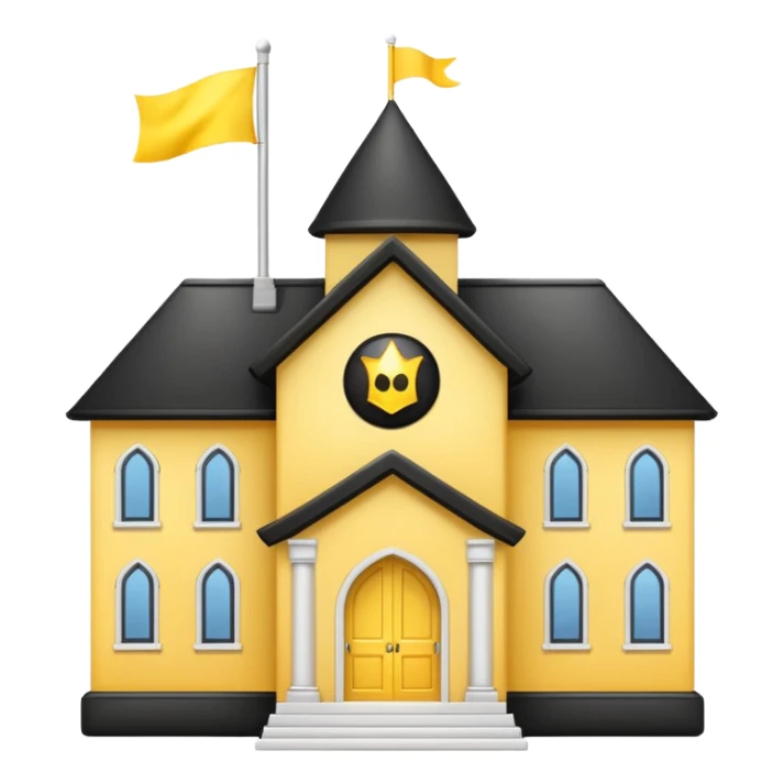 simple magic school, low detail, white background, magic school, black roof, with a big flag, big flag on a roof, big yellow flag, white school sticker