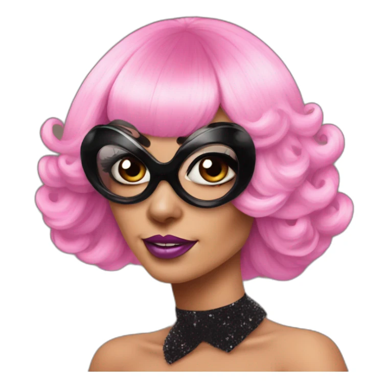 Drag Queen wearing pink wig and extravagant makeup with a black pug dog sticker