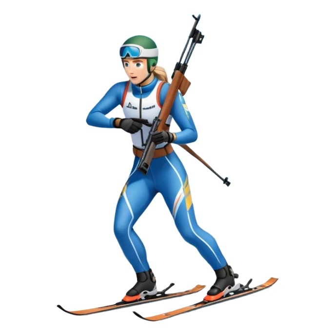 An icon featuring snow-covered trees, distant mountains, and a clear blue sky with a biathlete in motion, holding a rifle and skiing across a snowy course. Transparent background highlights the precision, endurance, and excitement of biathlon. sticker