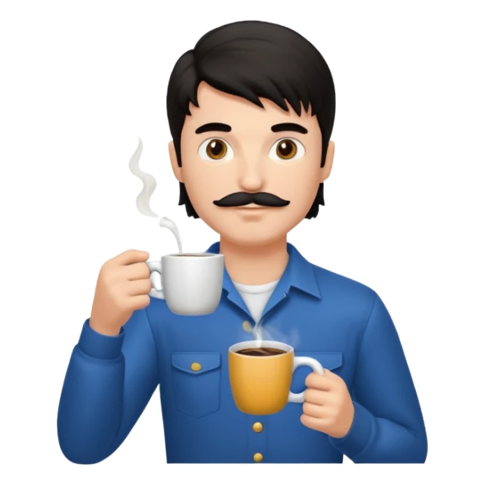 generate an ios genmoji of a fair young guy with black mustache, mullet hairstyle, drinking coffee sticker