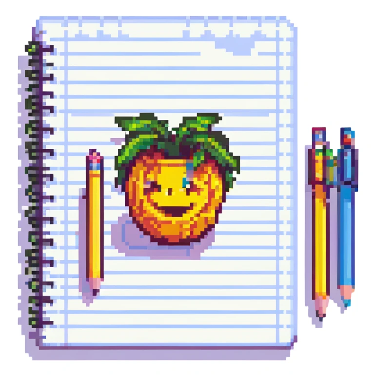 minimalist happy notebook with pencil, symbolizing daily writing and reflection, pixel art style sticker