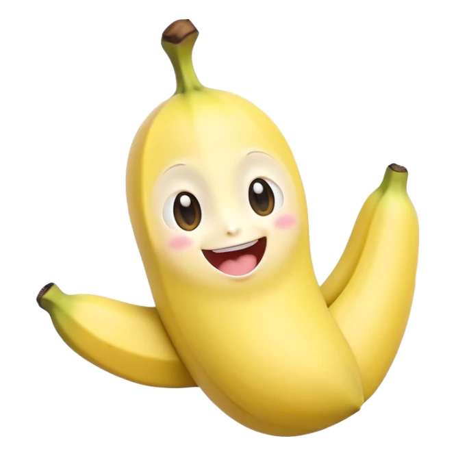 Cute Kawaii Banana, slightly curved, soft pastel yellow, cute giggling face with big round eyes, tiny arms waving happily, a peeled section revealing a smiling expression! sticker