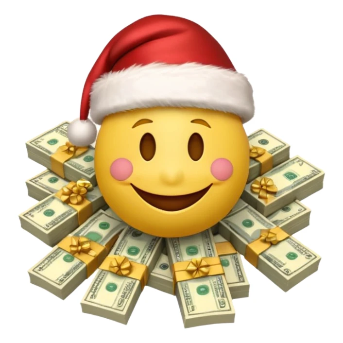 A festive 3D emoji style yellow smiley face wearing a Santa hat, surrounded by stacks of cash and dollar bills, joyful expression, Christmas and New Year theme, high quality, clean design, studio lighting, no text, no background, isolated object, transparent background, emojis.com style sticker