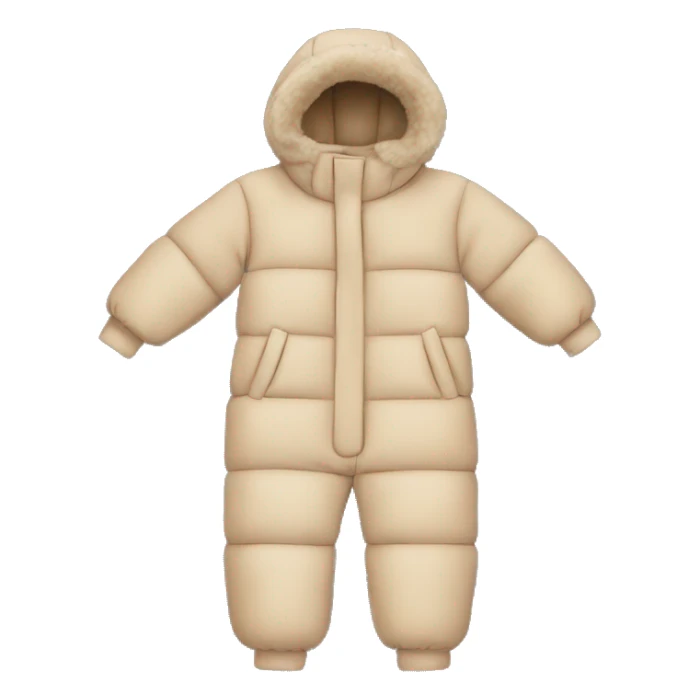 Beige children's winter jumpsuit with a small down on the hood sticker
