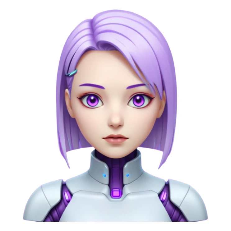 Cyberpunk female android, perfect porcelain skin, glowing artificial eyes, visible faint seams on neck, sleek metallic hair, expressionless, vibrant violet lighting sticker