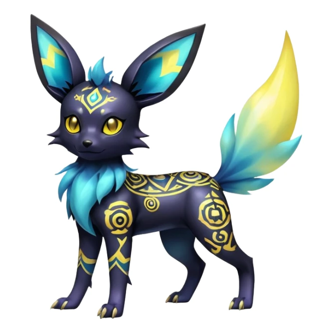Shiny Exotic Badass Colorful Ethereal Royal Mysterious Gothic Umbreon-Jolteon-Noibat-Pokémon-Fakémon-hybrid-creature (full body) with pattern-markings sticker