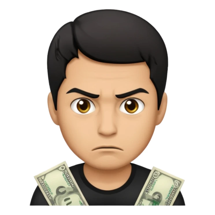 a man with money and little angry face sticker