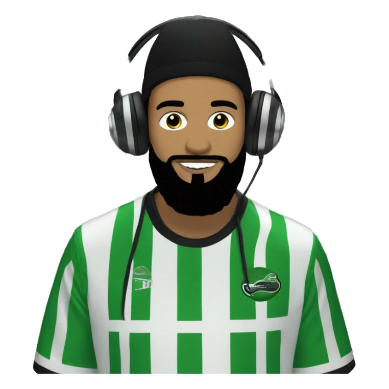 guy with a black hat and black beard, wearing a green and white striped football kit, DJing sticker