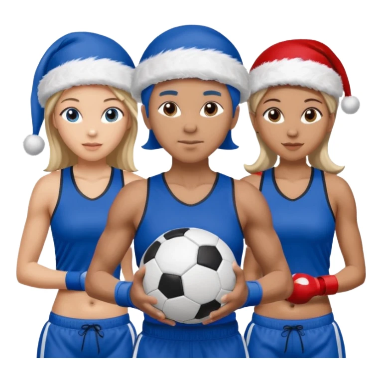 crie a imagem de 3 atletas, um homem no meio e duas mulheres, de modalidades esportivas diferentes, usando elementos esportivos, como por exemplo bola de futebol, luvas de luta e bola de vôlei... e usando um chápeu de papai noel das cores verde e azul e roupas azul sticker