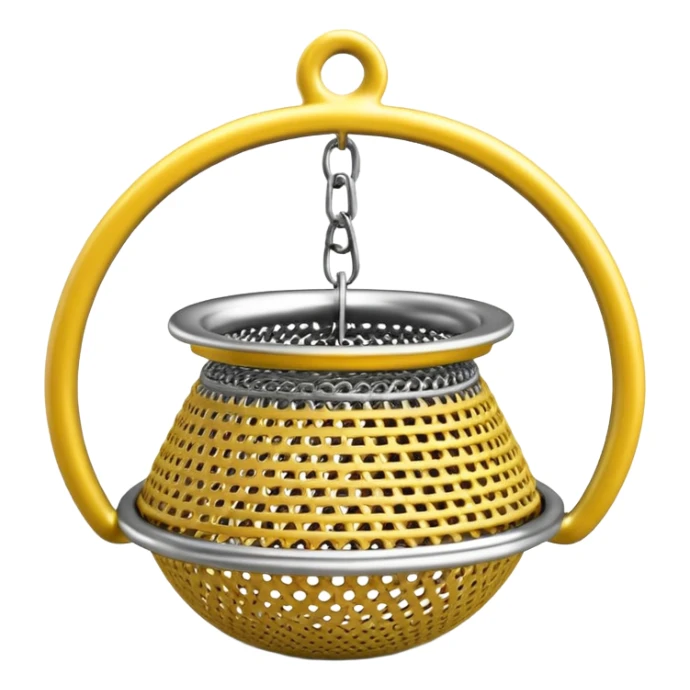3D render of Tea Strainer, made of interlocking chainmail metal rings, wire mesh texture, visible holes and negative space, metallic silver and grey, high contrast shadows, emoji style, isolated on white background --v 6.0. sticker