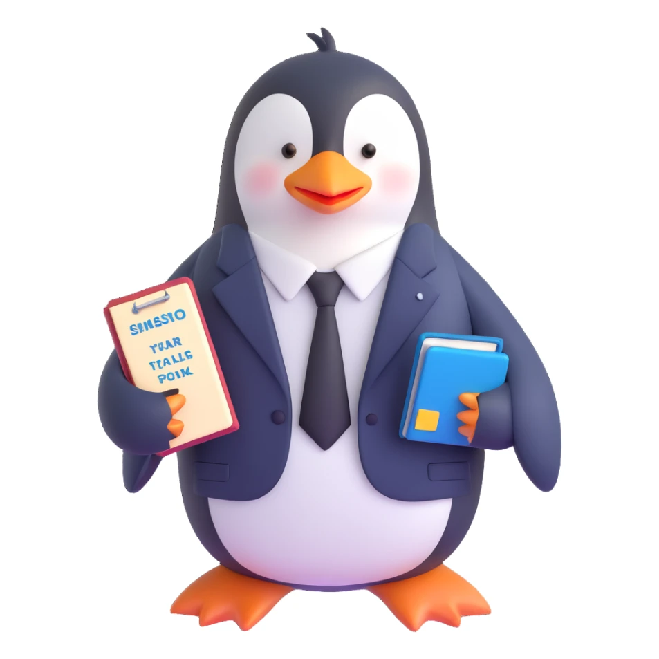 a cheerful penguin in a suit and tie, holding a small book, with a missionary name tag, minimal background sticker