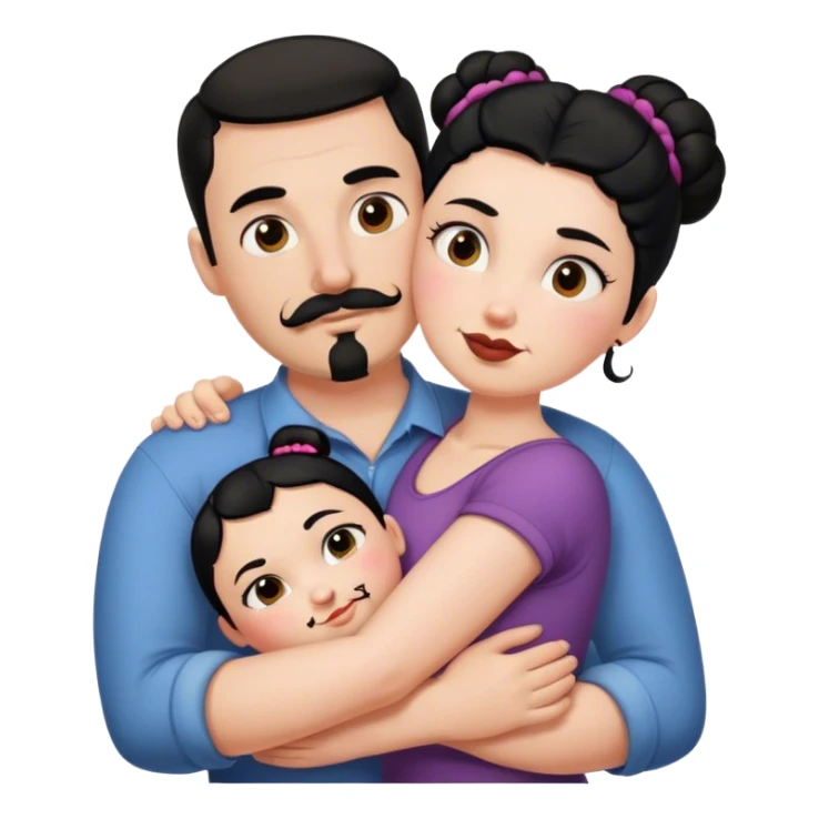 Tall strong white man with dark brown mustache goatee hugging a chubby short pale woman with black hair bun sticker