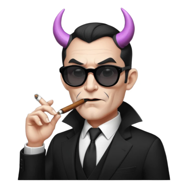 Minimalist emoji-style sticker of a devilish producer in black suit, tiny horns, dark sunglasses, and a smoking cigar, grayscale tones, matte style sticker
