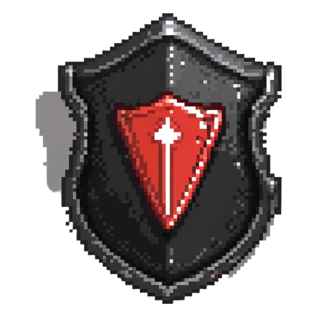 Shield badge with a digital lock and red warning symbols, cybersecurity theme, menacing look sticker
