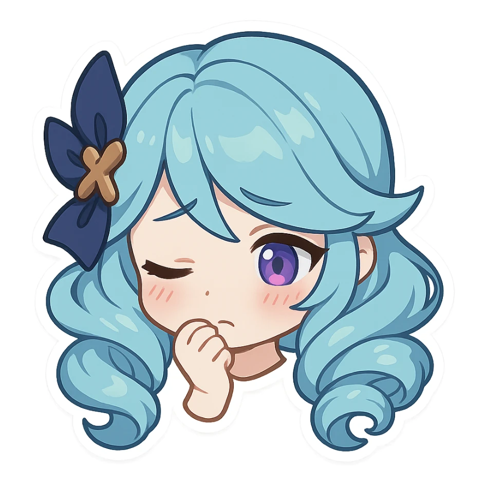 Gwen from League of Legends, chibi emote style, only head visible, right eye purple, shy expression, looking down, cute and expressive sticker