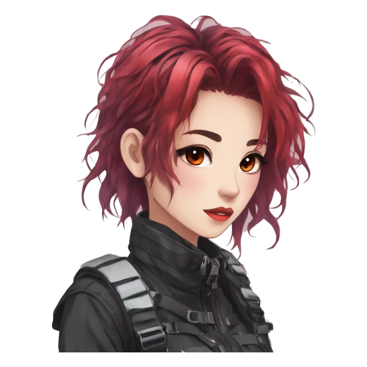 Gorgeous pastel techwear anime style lady with blushing face aesthetic and pretty edgy black red punk messy hair with collar and harness trending style sticker