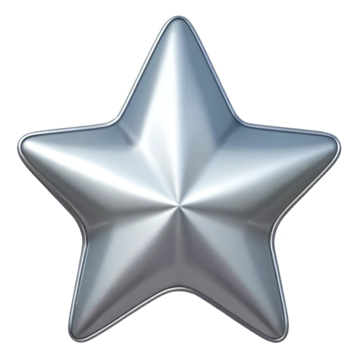 Chrome silver star emoji, iOS emoji style, glossy metallic surface, soft reflections, minimalistic, centered, clean white background, high detail, smooth gradients sticker