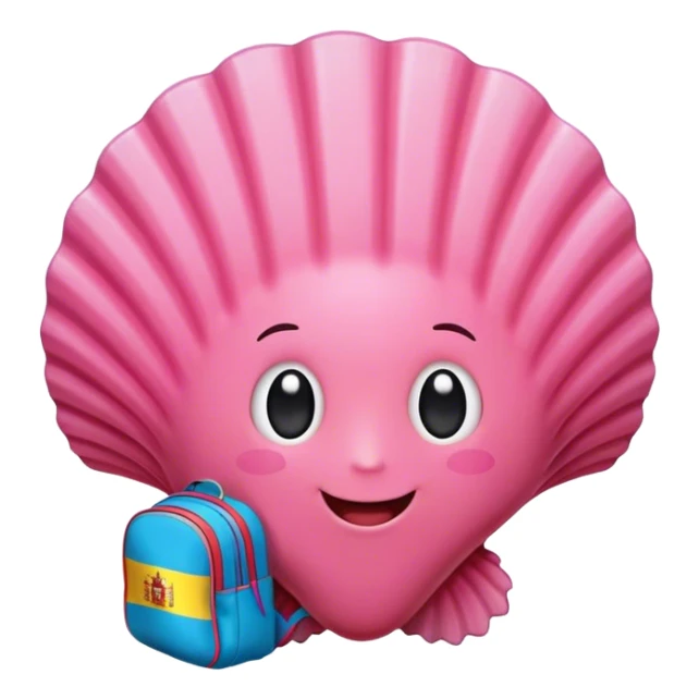 Create an emoji of a pink scallop shell wearing a backpack with a Spanish flag attached. The shell should have a friendly and adventurous expression, symbolizing travel and pilgrimage. Use vibrant colors with clear details, ensuring the Spanish flag is visibly waving from the backpack. The overall design should be cute, colorful, and suitable for use as an emoji. sticker