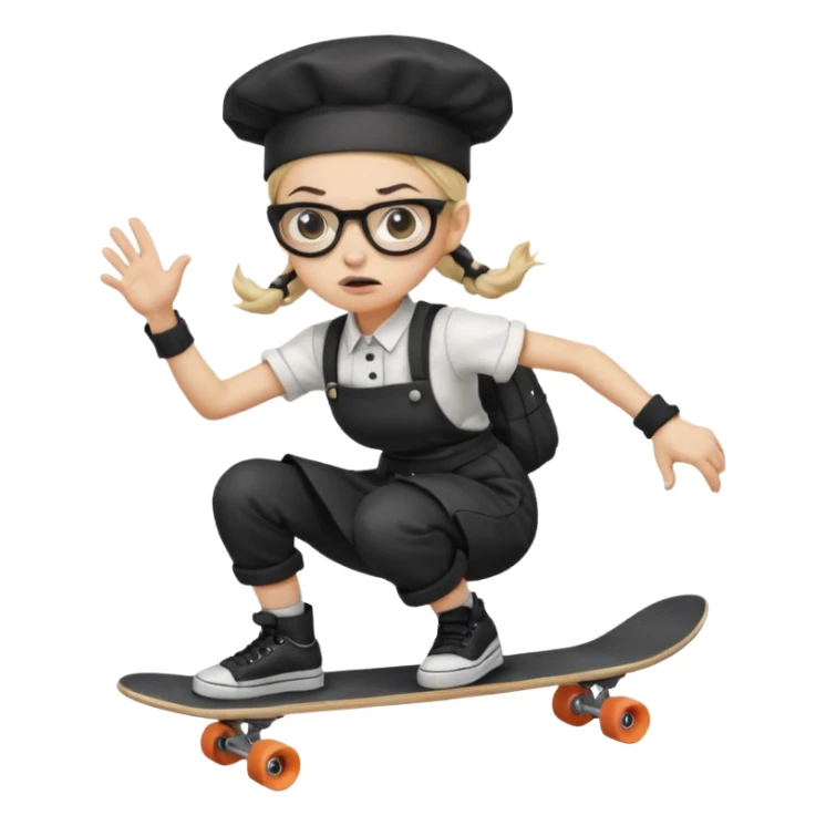 ["An angry woman with light skin, ponytail, wearing a chef hat and square glasses, dressed in goth fashion, is skateboarding while holding a backpack."] sticker