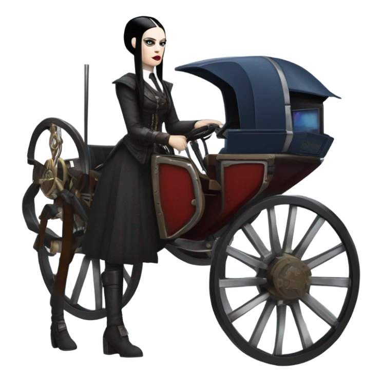 Wednesday Addams Jedi bounty hunter driving a modern blue,red and pewter steampunk electric luxury carriage  sticker