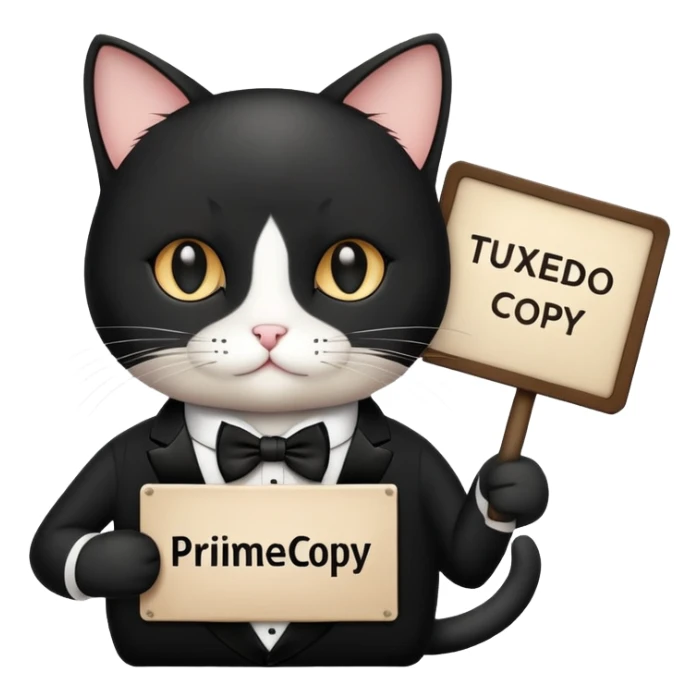Cat in a black suit holding a sign with the inscription “PrimeCopy” sticker