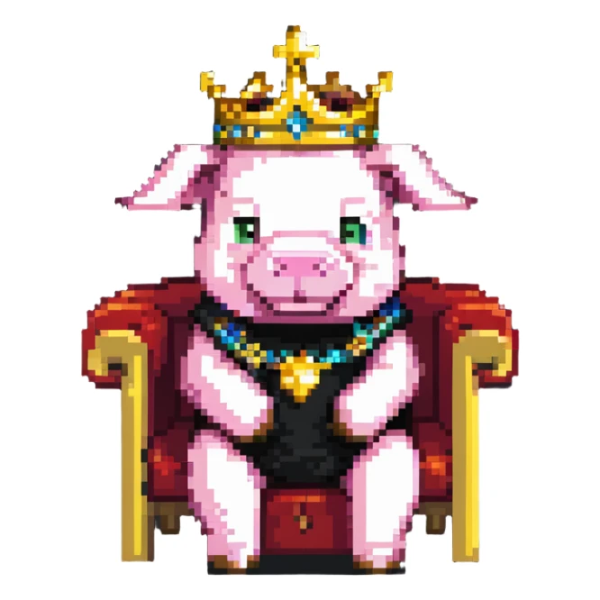 Minecraft style pig with a golden crown sitting on a throne, inspired by Technoblade sticker