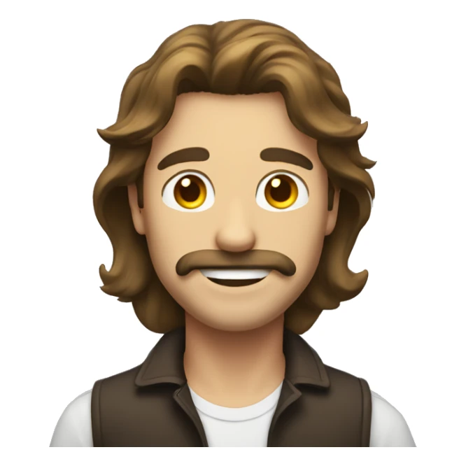 guy with long brown hair and mustache and smile sticker