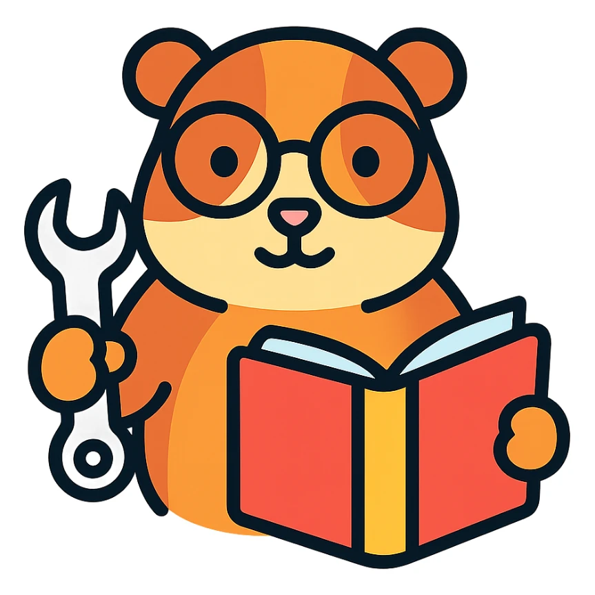 studious guinea pig with glasses, holding a wrench and fixing a book, color outline icon sticker