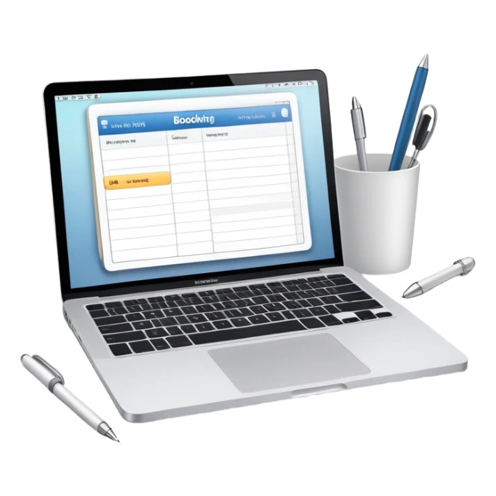 online booking system on MacBook screen next to old-style paper notebook with pen sticker